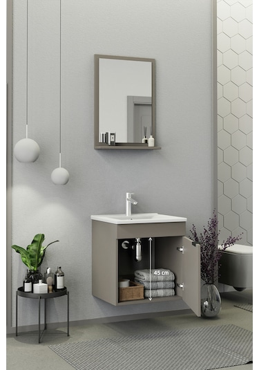 Biani Fix Arya 55 Cm Banyo Dolabı,Seramik Lavabolu, Aynalı,Lavabo Dahil,Mdf,Latte Biani Fix Arya 55 Cm Banyo Dolabı,Seramik Lavabolu, Aynalı,Lavabo Dahil,Mdf,Latte