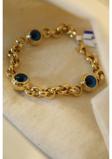 Yenigün Kuyumculuk 14 Ayar Altın Üç Nazar Boncuklu Kalın Zincirli Bileklik Tyc00350679981 Sarı Altın