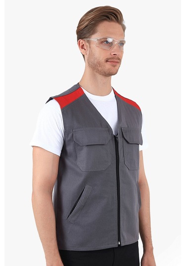 V Yakalı Yelek Gri - Kırmızı