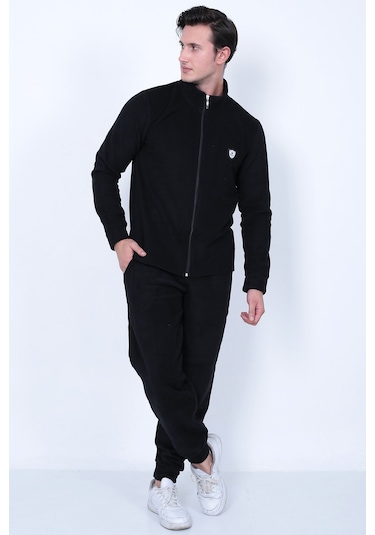 Lukitus Tam Fermuarlı Polar Erkek Eşofman Takımı - Siyah