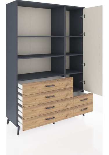 Hyperion Dolap 7 Raflı 6 Çekmeceli Tek Kapaklı 132x44x195 Antrasit-aytaşı/çam Aytası/atlas Çam