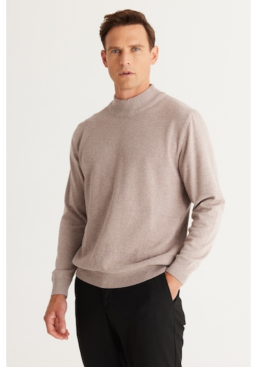 Ac&Co / Altınyıldız Classics Erkek Vizon Standart Fit Normal Kesim Yarım Balıkçı Yaka Pamuklu Triko 4A4921100008VIZS Vizon