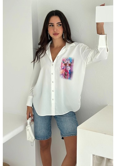 Zürafa Desen Baskılı Taşlı Gömlek Beyaz