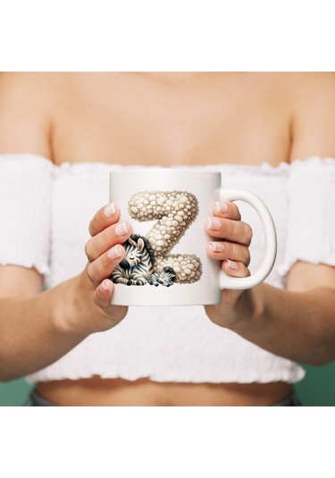 Z Harfi Tasarım Bardak, Sevimli Hayvan Temalı Harf Bardağı Beyaz