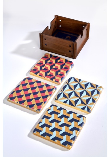 Geometrik Desen Altın Varaklı 4'lü Traverten Bardak Altlığı Çok Renkli