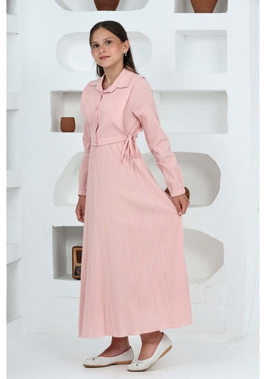 Kız Çocuk Uzun Boy Gofre Kumaş Jile & Elbise İki Parça Takım Astarlı Zarif Set-4948 Pudra Kız Çocuk Uzun Boy Gofre Kumaş Jile & Elbise İki Parça Takım Astarlı Zarif Set-4948 Pudra