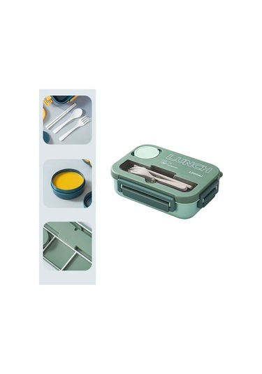 Pratik Ve Şık Taşınabilir 3 Bölmeli Bento Yemek Kabı, Mikrodalgaya Uygun Öğrenci Ve Ofis Çalışanları İçin Yemek Saklama Kutusu, Çatal Kaşık Dahil Yeşil