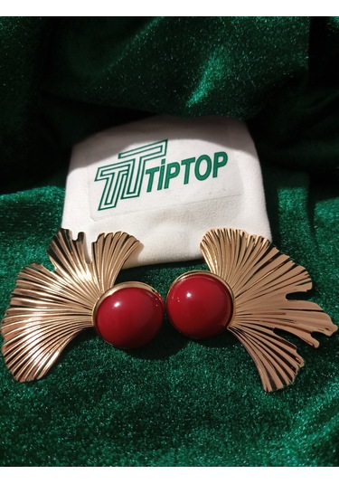 Tiptop/ Bordo Mineli Gold Yaprak Küpe Altın - Kırmızı