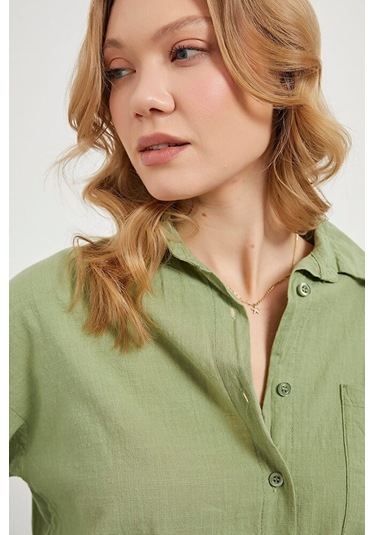 Kadın Cepli Flamlı Oversize Uzun Kol Müslin Keten Gömlek Çağla