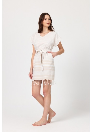 Mulberry Katya Plaj Elbisesi Tunik Pareo %100 Pamuk Bej