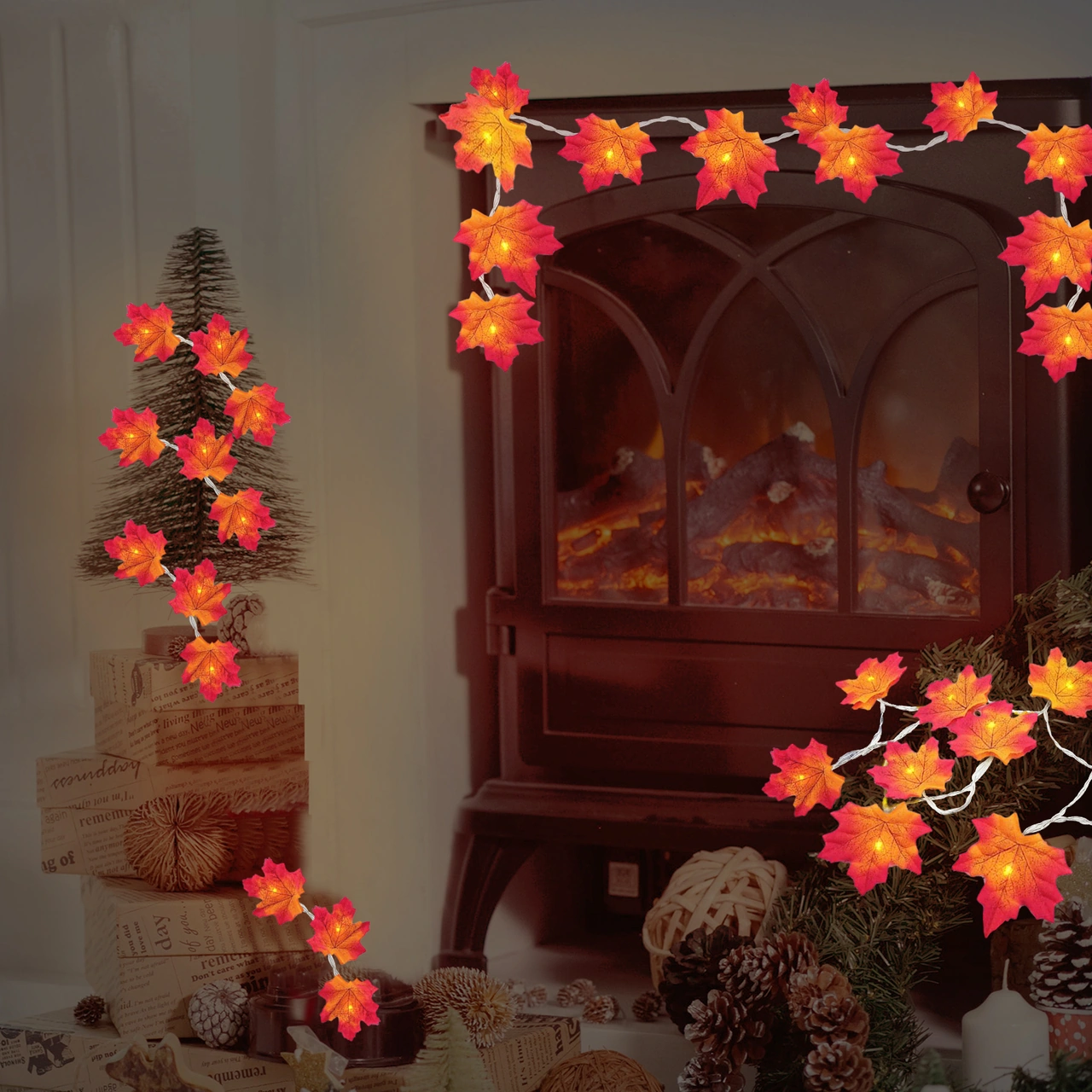 Konesam 6m 40 Led Aküli Akü Yok Turuncu Akçaağaç Yapraklı Işık Zinciri - Ip65 Su Geçirmez, Çeşitli Mekanlar İçin Diğer