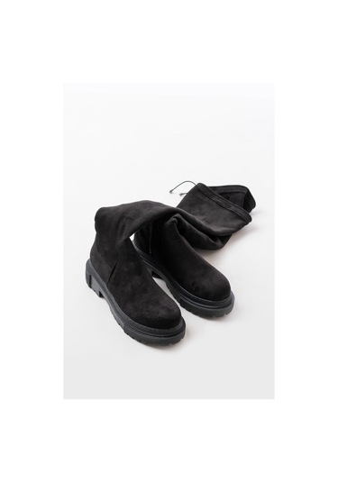 812-2194 Siyah Süet Fermuarlı Diz Üstü Bağcıklı Çorap Günlük Kadın Çizme Resimdeki Renk