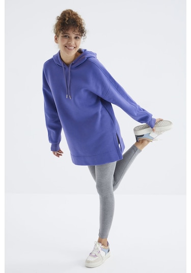 Tommy Life Eflatun Reglan Kol Basic Kapüşonlu Oversize Sweatshirt Tunik - 97242 Eflatun