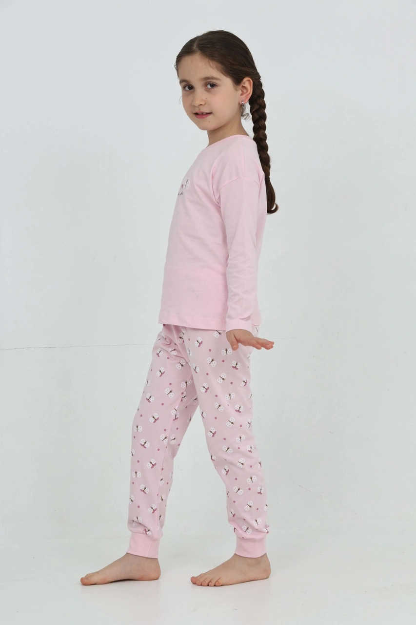 Toontoy Kız Çocuk Kelebek Baskılı Pijama Takım Açık Pembe