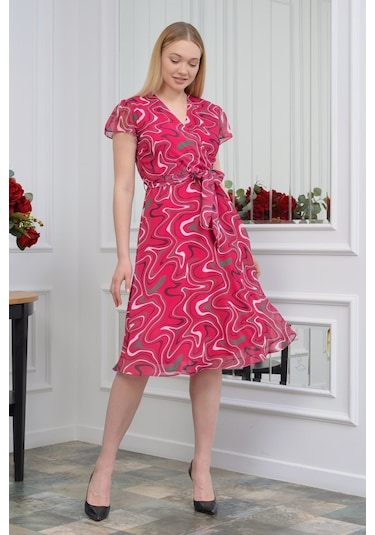 Kadın Desenli Kruvaze Yaka Midi Şifon Elbise 4445/110 001