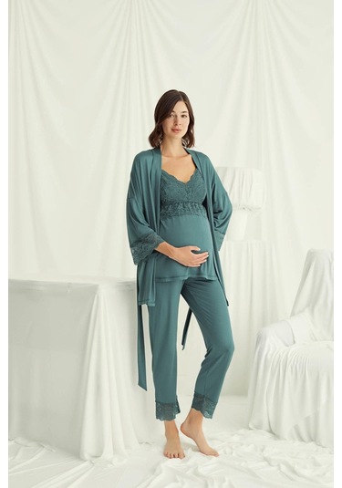 Monamise 18523 Hamile Lohusa Sabahlıklı Pijama Takım-yeşil