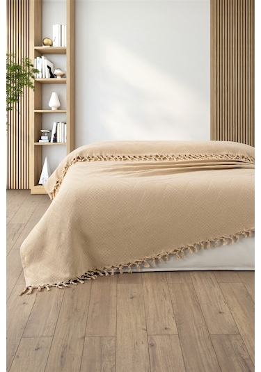 %100 Pamuk Çift Kişilik Bağlama Saçaklı Pike-220x240 Cm-kapuçino Cappuccıno Cappuccino