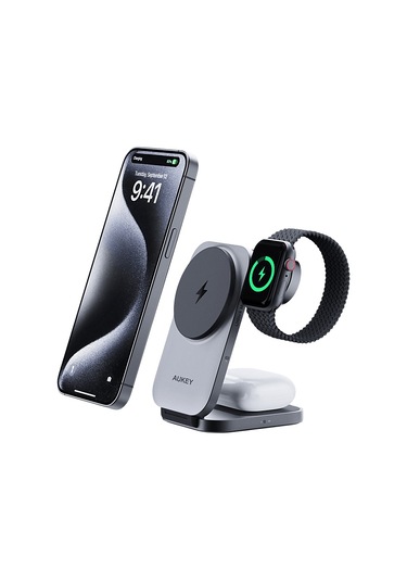 Aukey LC-MC312-GY Magfusion Z Qi2 15 W Katlanabilir 3'ü 1 Arada Mıknatıslı Kablosuz Şarj Cihazı