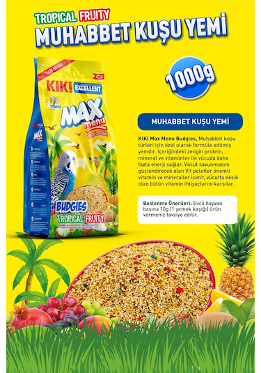 Kiki Excellent Kuş Max Menu Budgies Tropical Fruity Muhabbet Kuşu Yemi 1 KG