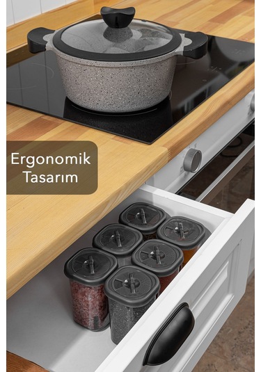 6'lı Etiketli Ve Kilitlenebilir Hava Almaz Kapaklı Baharatlık Seti - Baharatlık Gri Antrasit