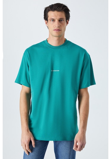 RIVER Erkek Oversize Fit Bol Kesim Nakış İşlemeli Basic Örme Kolej Yeşili T-Shirt