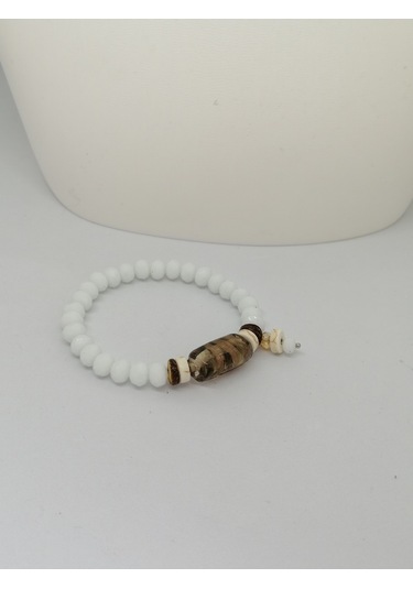 Kahve El İşleme Cam Boncuklu Beyaz Kristal Cam Boncuklu Bileklik