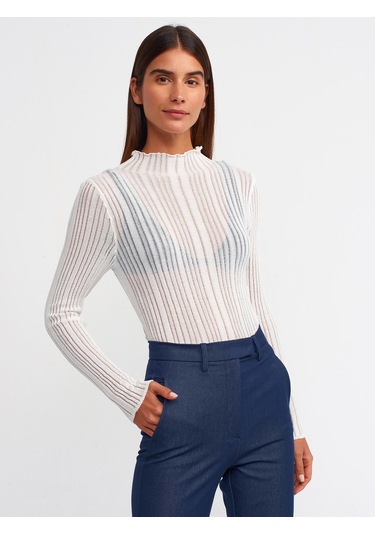 Dilvin Dik Yaka Fitilli Transparan Kazak Ekru