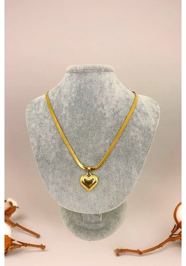 Gold Renkli İtalyan Ezme Zincirli Kalp Çelik Kolye Altın