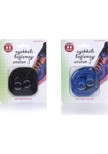 Magic Locks Yuvarlak Akıllı Ayakkabı Bağcık 2'li Set Siyah-mavi