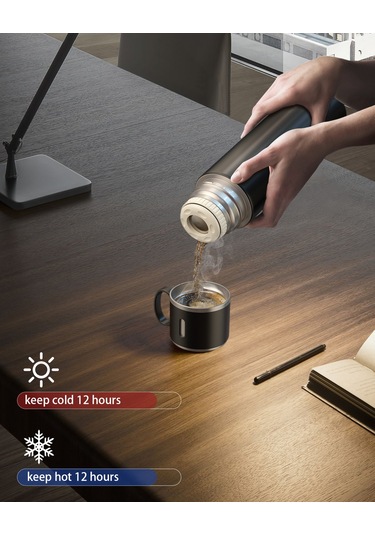 Xiyyadms Aiseely 316 Çelik İki Katlı Vakum Termos Bardak - 12 Saat Isı/sıcak Saklama, 580ml, Dış Mekan/seyahat İçin Siyah Siyah