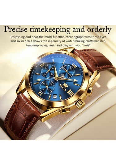 Olevs 2872 Erkekler Üç Göz Altı İğne Kronograf Su Geçirmez Kuvars Saat Mavi + Altın