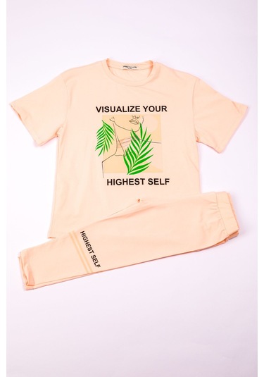 Kız Çocuk Takım Kapri Taytlı Baskılı Oversize A84 Yavruağzı