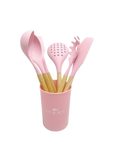 Ivory Doğal Bambu Saplı %100 Silikon Mutfak Seti 6 Parça Pembe Pembe