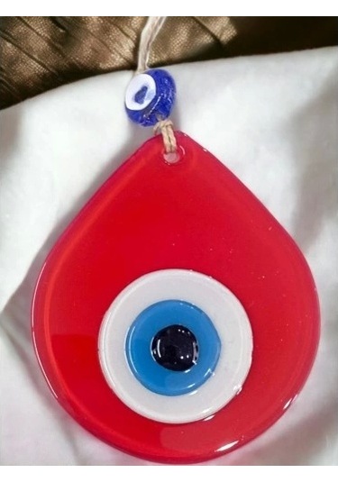 Orta Boy Kırmızı Damla Desen Nazar Boncuklu Duvar Dekoru Cam Duvar Süsü