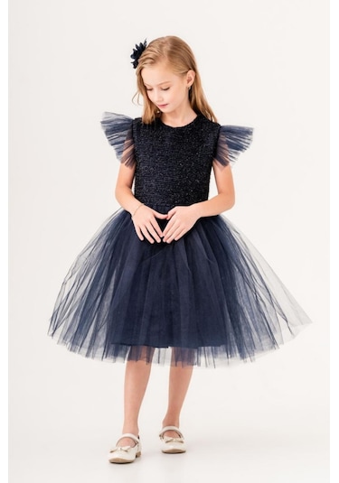 Tüllü Kız Çocuk Kpl Elbise Mnk0526 Koyu Lacivert