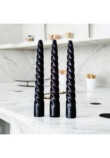 Denic 3 lü Siyah İtalyan Burgulu Şamdan Mum  Kıvrımlı Mum