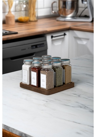 Mienda Home 9'lu Ahşap Standlı Cam Baharatlık Seti Kapaklı Etiketli Baharatlık Mh01slvr09 Beyaz - Şeffaf
