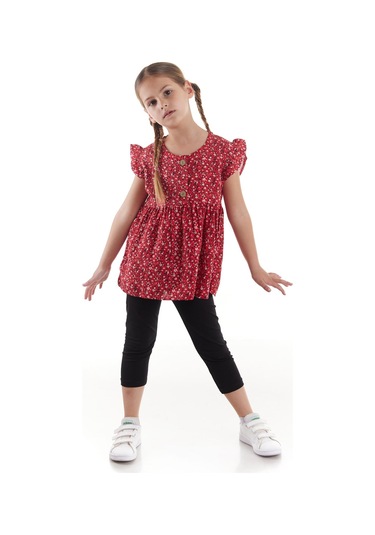 Ahengim Kız Çocuk Takım Vizkon Baskılı Taytlı Alt Üst Takım Pamuklu Ak2522 Kırmızı