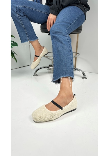 Günlük Kadın Babet Peluş Lastikli Oval Burunlu Alçak Topuklu Tırtıklı Tabanlı Ayakkabı 369 Bej
