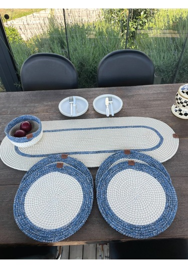 Doğal İp - Leke Tutmaz 6 Lı Masa Takımı 4 Amerikan Servis, 1 Runner, 1 Sepet - Şık Sofra Seti Beyaz/mavi