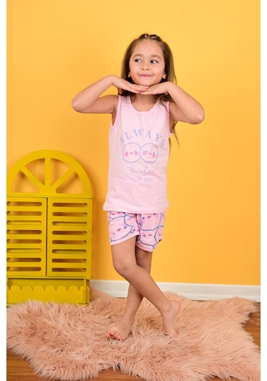 Kız Çocuk Askılı Pijama Takımı Always Smile Somon Pembe