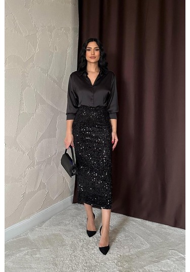 Siyah Pulpayetli Parlak Etek Siyah