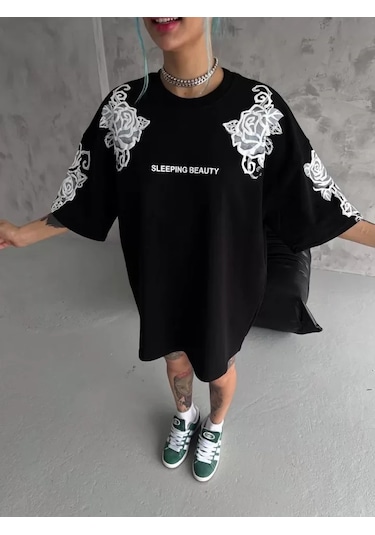 Amorluxe Unisex Flok Kabartma Baskılı T-shirt - Siyah