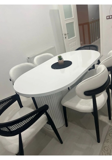 Meta 6'lı Polo Gazel Hazel Bohem İskandinav Ahşap 6 Kişilik Masa Takımı Krem