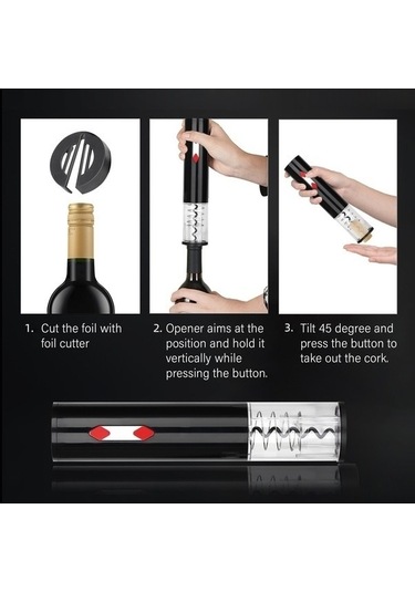 Didadodo Şarap Vakum Seti - Otomatik Açıcı, Folyo Kesici, Şişe Tıpası, Parti, Düğün, Bar - Siyah Siyah, Ergonomik Tasarım Siyah
