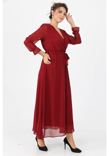 Dipmoda Kadın Kruvaze Yaka Bağlama Detaylı Yeni Sezon Uzun Şifon Elbise Kts003 Bordo