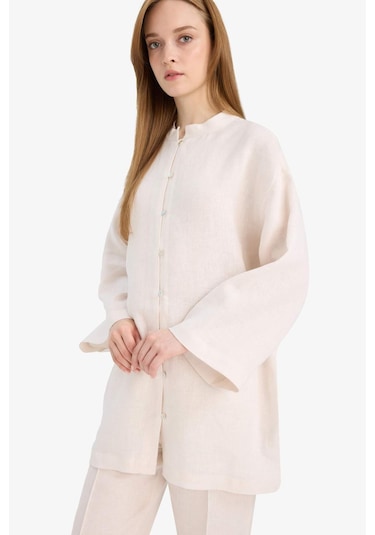 Defacto %100 Keten Regular Fit Bağcıklı Uzun Kollu Gömlek Tunik D4394ax25smer42 Ekru