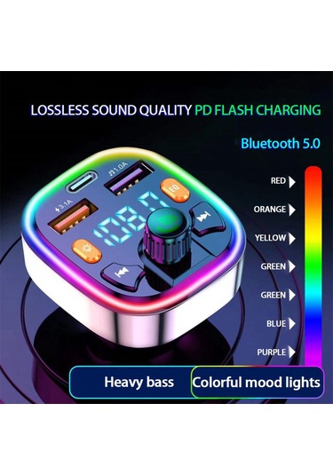 Q5 3.1a Usb + Pd Bluetooth Araç Şarj Cihazı Araba Fm Verici Renkli Aydınlatma