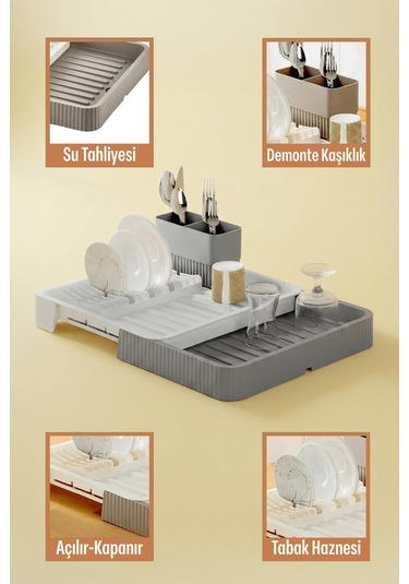 Gri - Uzayabilir Sürgülü Bulaşık Sepeti, Lavabo/tezgah Üstü Açılır Kapanır Bulaşıklık Kurutma Sepeti Gri