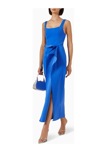 Acler Tuthill Midi Elbise - Scuba Kumaş - Ön Yırtmaçlı - Çizgili Korse - 100% Polyester Mavi